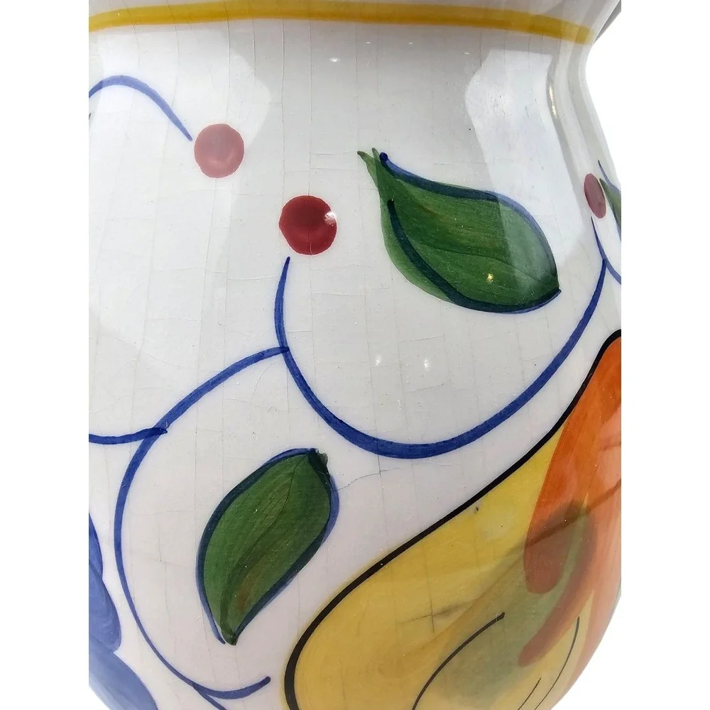 World Market Hand Painted Fruit Ceramic Pitcher Crackle‎ Glaze Made in Thailand